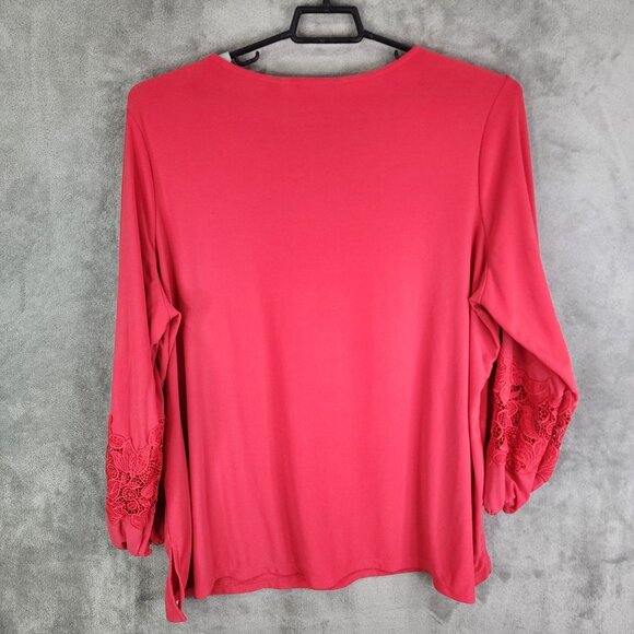 Womens Red Dennis Basso Top Blouse Polyester Long Lace Sleeve Round Neck 3X - Picture 5 of 8